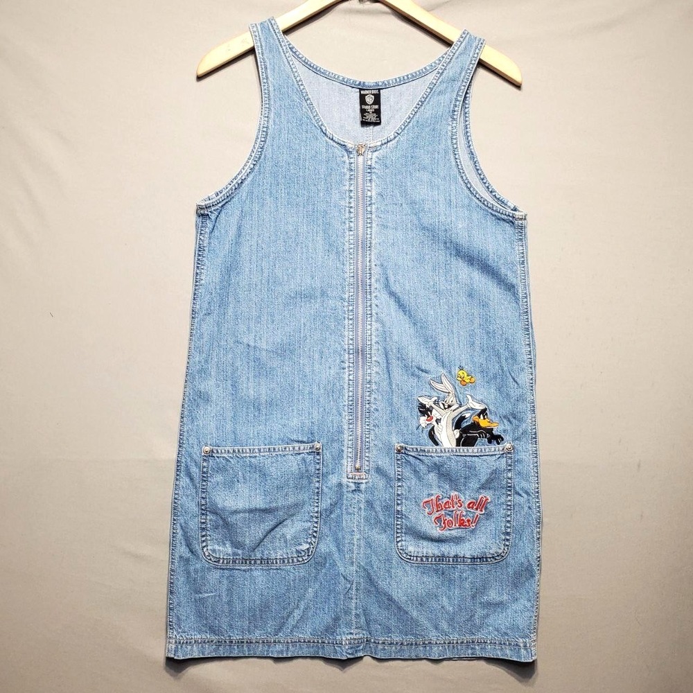 VTG Warner Bros Looney Tunes Denim Tank Dress Womens‎ M Bugs Bunny Tweety 90s